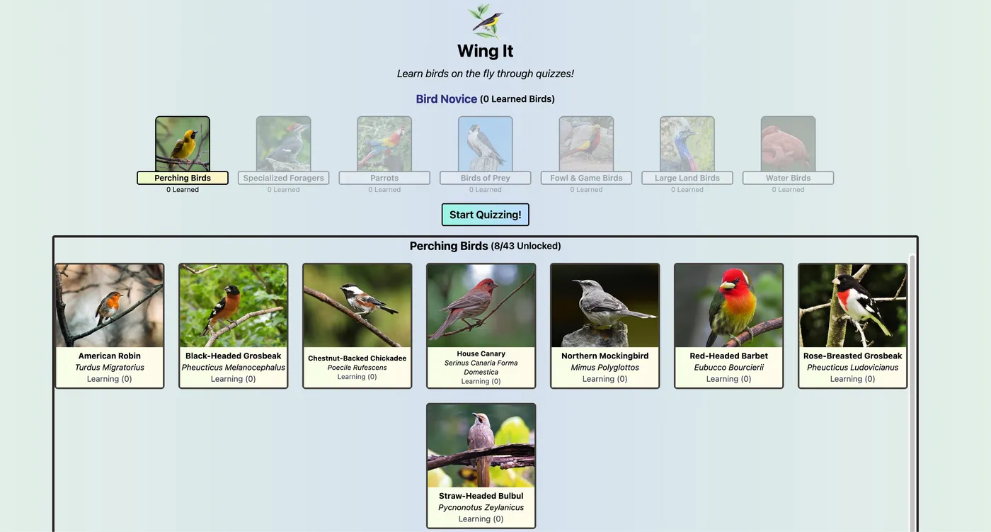 Website hero image for Wing It Game